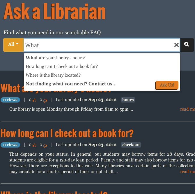 example library searchable FAQ knowledge base